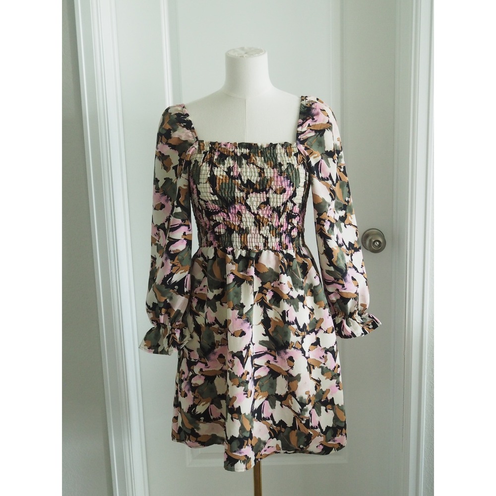 Vero Moda Smocked Floral Pink Green Mini Dress Boho Cottagecore XS Excellent